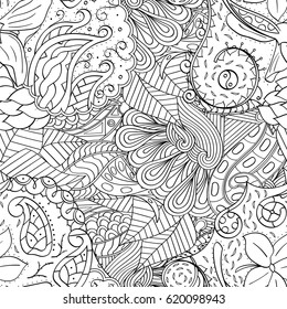 Tracery seamless calming pattern. Mehndi design. Ethnic monochrome binary doodle texture. Curved doodling black and white background. Vector.
