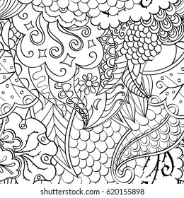 Tracery seamless calming pattern. Mehndi design. Ethnic monochrome binary doodle texture. Curved doodling black and white background. Vector.