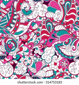 Tracery seamless, loops, doodle wind pattern. Paisley, winding stem, spiral, wave, bud mehendi design. Handmade texture, curved doodling design. Good for site background, textile, printing. Vector.
