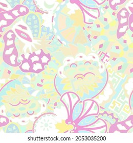 Tracery seamless pastel pattern. Mehndi design. Ethnic colorful texture. Curved doodling background. Vector