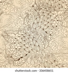 Tracery seamless pattern calming. Mehndi design. Neat even doodle monochrome harmonious texture. Algae is motif. Ethnically indifferent. Ambiguous usable bracing, curved doodling mehendi. Vector.