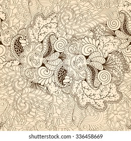 Tracery seamless pattern calming. Mehndi design. Neat even doodle monochrome harmonious texture. Algae is motif. Ethnically indifferent. Ambiguous usable bracing, curved doodling mehendi. Vector.