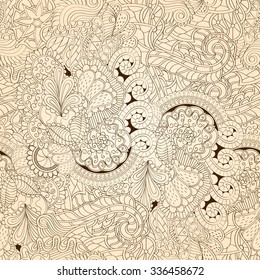 Tracery seamless pattern calming. Mehndi design. Neat even doodle monochrome harmonious texture. Algae is motif. Ethnically indifferent. Ambiguous usable bracing, curved doodling mehendi. Vector.