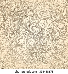 Tracery seamless pattern calming. Mehndi design. Neat even doodle monochrome harmonious texture. Algae is motif. Ethnically indifferent. Ambiguous usable bracing, curved doodling mehendi. Vector.