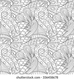 Tracery seamless pattern calming. Mehndi design. Neat binary harmonious even doodle texture. Algae is motif. Ethnically indifferent. Ambiguous usable bracing, curved doodling mehendi. Vector.