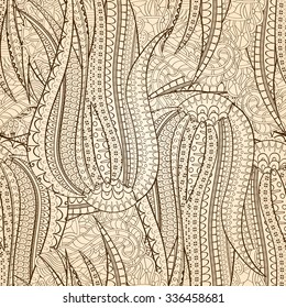 Tracery seamless pattern calming. Mehndi design. Neat even doodle monochrome harmonious texture. Algae is motif. Ethnically indifferent. Ambiguous usable bracing, curved doodling mehendi. Vector.