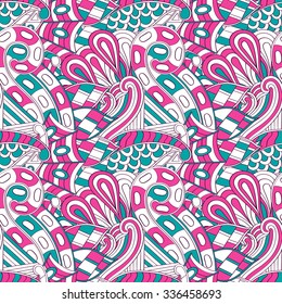 Tracery seamless pattern calming. Mehndi design. Neat colorful harmonious even doodle texture. Algae is motif. Ethnically indifferent. Ambiguous usable bracing, curved doodling mehendi. Vector.
