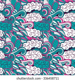Tracery seamless pattern calming. Mehndi design. Neat colorful harmonious even doodle texture. Algae is motif. Ethnically indifferent. Ambiguous usable bracing, curved doodling mehendi. Vector.