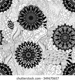 Tracery seamless pattern calming. Mehndi flowers design. Neat even doodle binary harmonious texture. Algae sea motif. Ethnically indifferent. Ambiguous usable bracing, curved doodling mehendi. Vector.