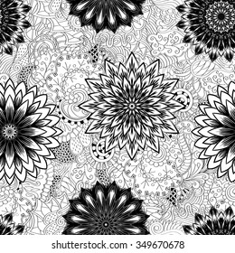 Tracery seamless pattern calming. Mehndi flowers design. Neat even doodle binary harmonious texture. Algae sea motif. Ethnically indifferent. Ambiguous usable bracing, curved doodling mehendi. Vector.