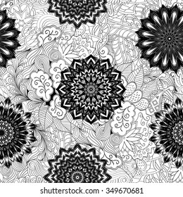 Tracery seamless pattern calming. Mehndi flowers design. Neat even doodle binary harmonious texture. Algae sea motif. Ethnically indifferent. Ambiguous usable bracing, curved doodling mehendi. Vector.