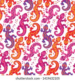 Tracery seamless pattern. Colorful mexican tropical lizard seamless pattern. Decorative pink and red summer vivid repeatable motif, for surface, background, fabric, textile, wrap. Tile tribal rapport.