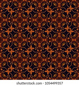 Tracery seamless pattern. Curved doodling background. Mehndi design in black, brown and orange colors. Ethnic colorful doodle texture. Vector illustration.