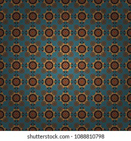 Tracery seamless pattern. Curved doodling background. Vector illustration. Mehndi design in orange, brown and blue colors. Ethnic colorful doodle texture.