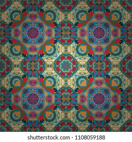 Tracery seamless pattern. Curved doodling in green, blue and orange colors. Mehndi design. Ethnic binary doodle texture. Vector illustration.