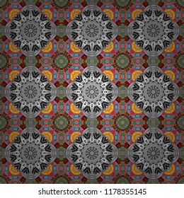 Tracery seamless pattern. Curved doodling in red, gray and blue colors. Ethnic binary doodle texture. Vector illustration. Mehndi design.
