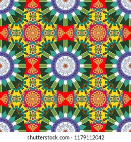 Tracery seamless pattern. Curved doodling background. Ethnic colorful doodle texture in orange, blue and gray colors. Mehndi design.