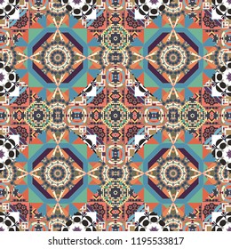 Tracery seamless pattern. Curved doodling in blue, orange and gray colors. Ethnic binary doodle texture. Vector illustration. Mehndi design.