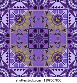 Tracery seamless pattern. Curved doodling in violet, gray and brown colors. Mehndi design. Ethnic binary doodle texture. Vector illustration.