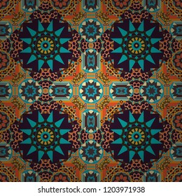 Tracery seamless pattern. Curved doodling in blue, orange and brown colors. Vector illustration. Mehndi design. Ethnic binary doodle texture.
