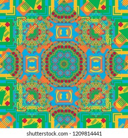 Tracery seamless pattern. Curved doodling background. Ethnic colorful doodle texture. Vector illustration. Mehndi design in neutral, red and yellow colors.