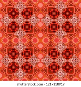 Tracery seamless pattern. Curved doodling in orange, white and red colors. Vector illustration. Mehndi design. Ethnic binary doodle texture.