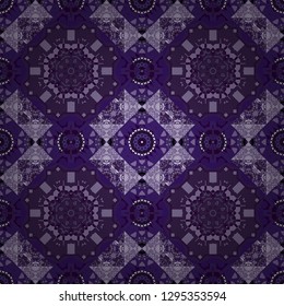 Tracery seamless pattern. Curved doodling in violet, brown and gray colors. Vector illustration. Ethnic binary doodle texture. Mehndi design.