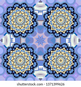 Tracery seamless pattern. Curved doodling in blue, beige and black colors. Ethnic binary doodle texture. Vector illustration. Mehndi design.