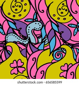 Tracery seamless  pattern. Curved doodling background. Vector.Mehndi tracery pattern, colorful seamless, handmade texture ethnic