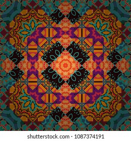 Tracery seamless pattern. Ethnic binary doodle texture. Mehndi design. Vector illustration. Curved doodling in brown, blue and orange colors.