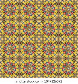 Tracery seamless pattern. Ethnic colorful doodle texture in yellow, green and blue colors. Vector curved doodling background. Mehndi design.