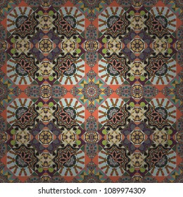 Tracery seamless pattern. Ethnic colorful doodle texture in brown, green and gray colors. Vector curved doodling background. Mehndi design.