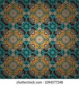Tracery seamless pattern. Ethnic colorful doodle texture in gray, brown and blue colors. Mehndi design. Vector curved doodling background.