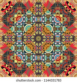 Tracery seamless pattern. Ethnic colorful doodle texture in black, orange and brown colors. Mehndi design. Vector curved doodling background.