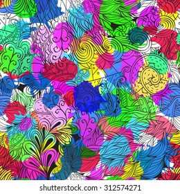 Tracery seamless pattern with ink blots. Mehendi design.Neat even colorful harmonious doodle texture. Indifferent discreet.Ambitious bracing usable, curved doodling mehndi. Colorful ink spots. Vector.