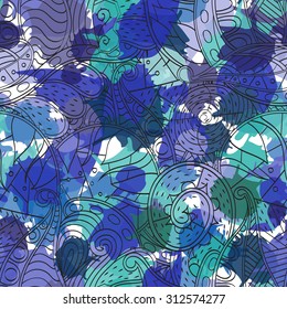 Tracery seamless pattern with ink blots. Mehendi design.Neat even colorful harmonious doodle texture. Indifferent discreet.Ambitious bracing usable, curved doodling mehndi. Colorful ink spots. Vector.