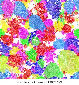 Tracery seamless pattern with ink blots. Mehendi design.Neat even colorful harmonious doodle texture. Indifferent discreet.Ambitious bracing usable, curved doodling mehndi. Colorful ink spots. Vector.