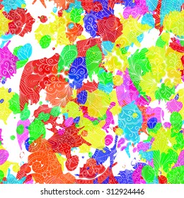 Tracery seamless pattern with ink blots. Mehendi design.Neat even colorful harmonious doodle texture. Indifferent discreet.Ambitious bracing usable, curved doodling mehndi. Colorful ink spots. Vector.