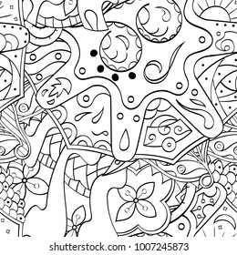 Tracery seamless pattern. Mehndi design. Ethnic monochrome binary doodle texture. Curved doodling black and white background. Vector