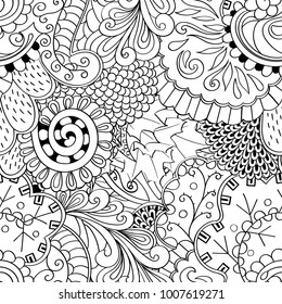Tracery seamless pattern. Mehndi design. Ethnic monochrome binary doodle texture. Curved doodling black and white background. Vector