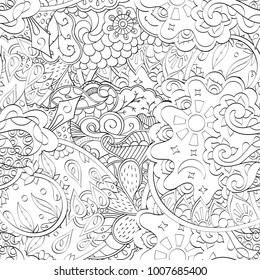 Tracery seamless pattern. Mehndi design. Ethnic monochrome binary doodle texture. Curved doodling black and white background. Vector