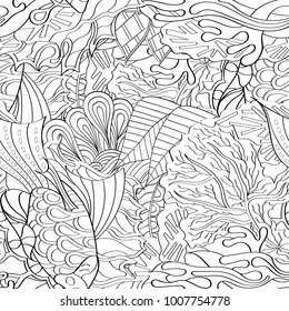 Tracery seamless pattern. Mehndi design. Ethnic monochrome binary doodle texture. Curved doodling black and white background. Vector