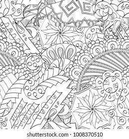Tracery seamless pattern. Mehndi design. Ethnic monochrome binary doodle texture. Curved doodling black and white background. Vector