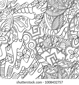 Tracery seamless pattern. Mehndi design. Ethnic monochrome binary doodle texture. Curved doodling black and white background. Vector
