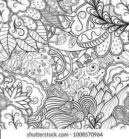 Tracery seamless pattern. Mehndi design. Ethnic monochrome binary doodle texture. Curved doodling black and white background. Vector