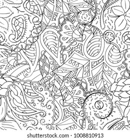 Tracery seamless pattern. Mehndi design. Ethnic monochrome binary doodle texture. Curved doodling black and white background. Vector