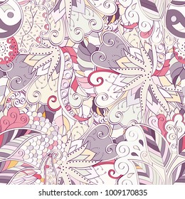 Tracery seamless pattern. Mehndi design. Ethnic colorful doodle texture. Curved doodling background. Vector