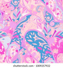 Tracery seamless pattern. Mehndi design. Ethnic colorful doodle texture. Curved doodling background. Vector