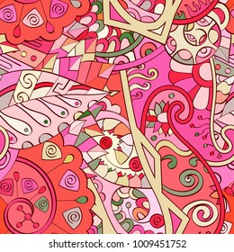 Tracery seamless pattern. Mehndi design. Ethnic colorful doodle texture. Curved doodling background. Vector