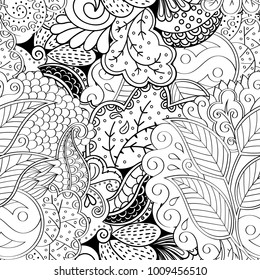 Tracery seamless pattern. Mehndi design. Ethnic monochrome binary doodle texture. Curved doodling black and white background. Vector